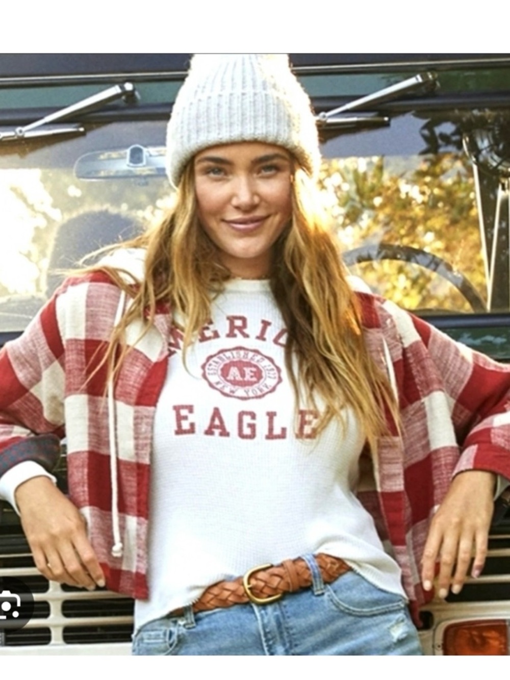 AEO Plaid Checkered Hoodie MEDIUM & White Long Sleeve SMALL